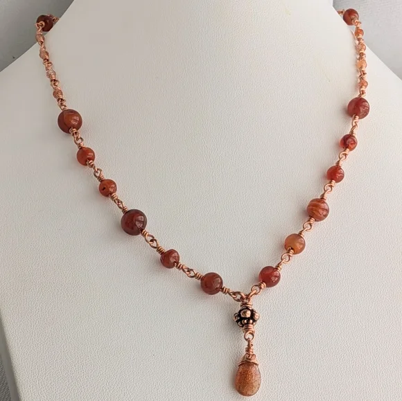 Elegant Carnelian Agate Necklace Artisan Crafted Copper Chain - Picture 13 of 15